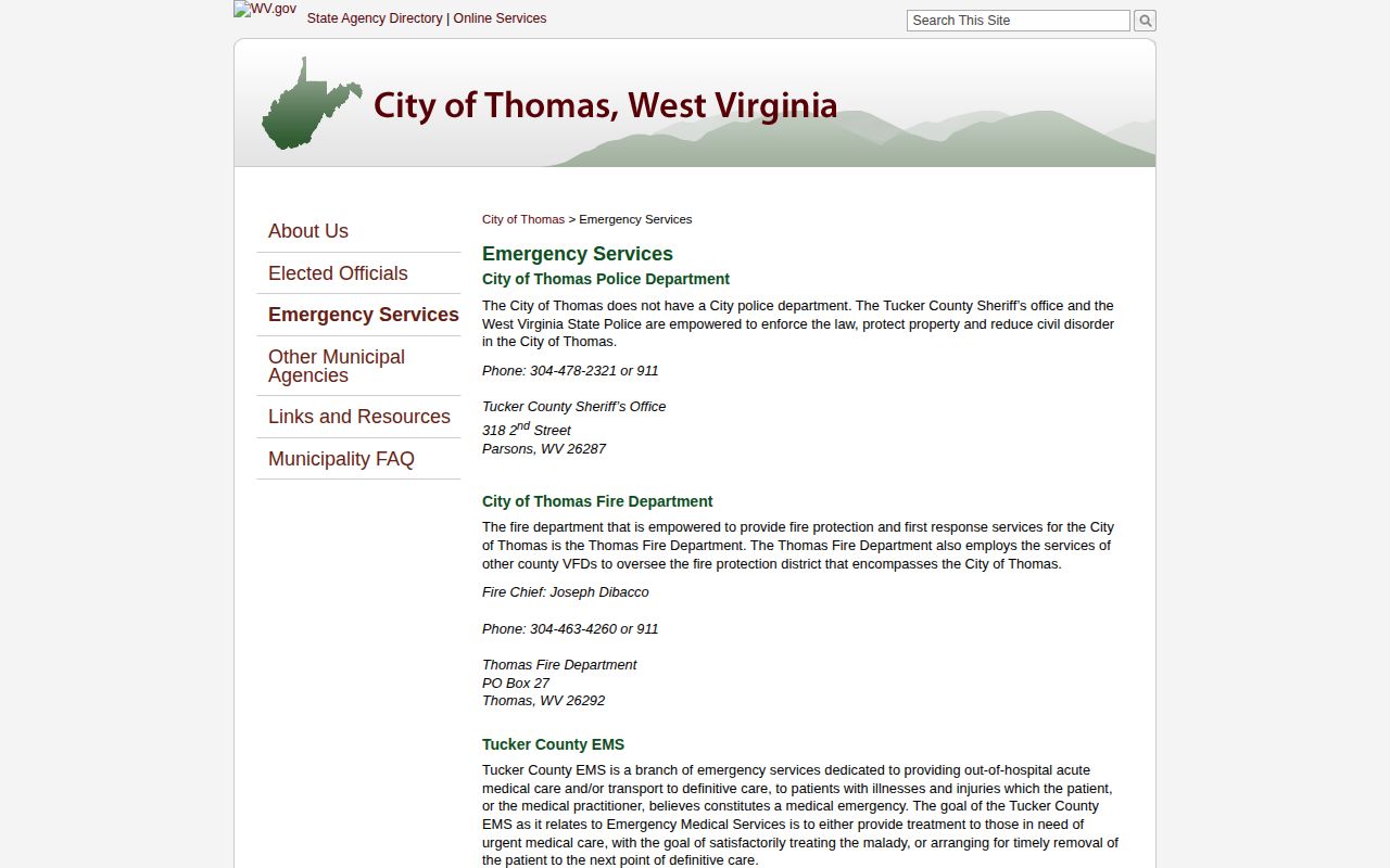 Tucker County Thomas booking record agency routing shown on the official Thomas emergency services page