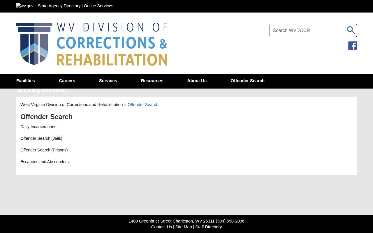 Tucker County regional booking record search on the WVDCR offender search page
