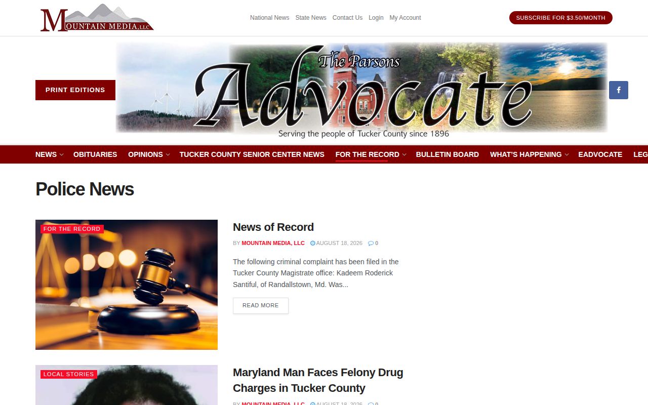 Tucker County police news and court complaint record category at the Parsons Advocate